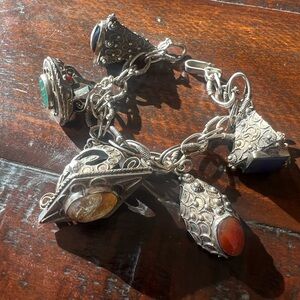 Vintage Etruscan Sterling Silver Charm Gem stone Bracelet